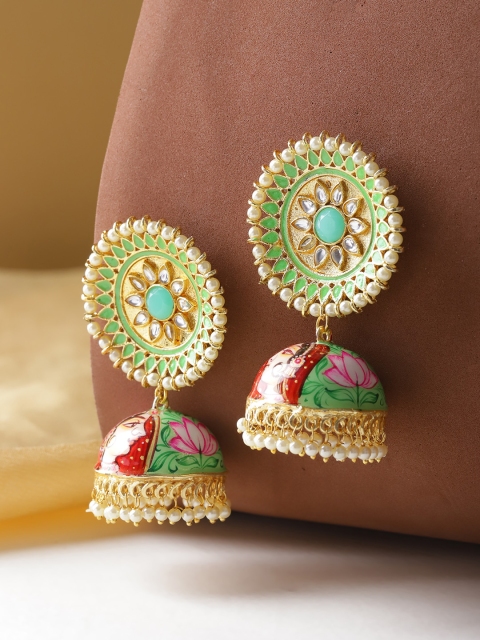 

Melani Borsa Green & Red Dome Gold-Plated Hand Painted Meenakari Dome Shaped Jhumkas