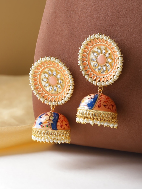 

Melani Borsa Peach-Coloured & Blue Gold-Plated Hand Painted Meenakari Dome Shaped Jhumkas