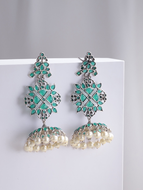 

Melani Borsa Green & Off-White Oxidised Silver-Plated AD Studded Dome Shaped Jhumkas