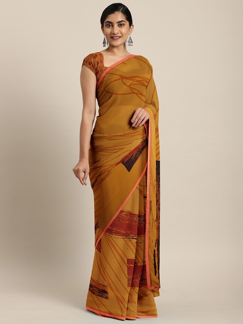 

Triveni Mustard Orange Printed Poly Georgette Saree
