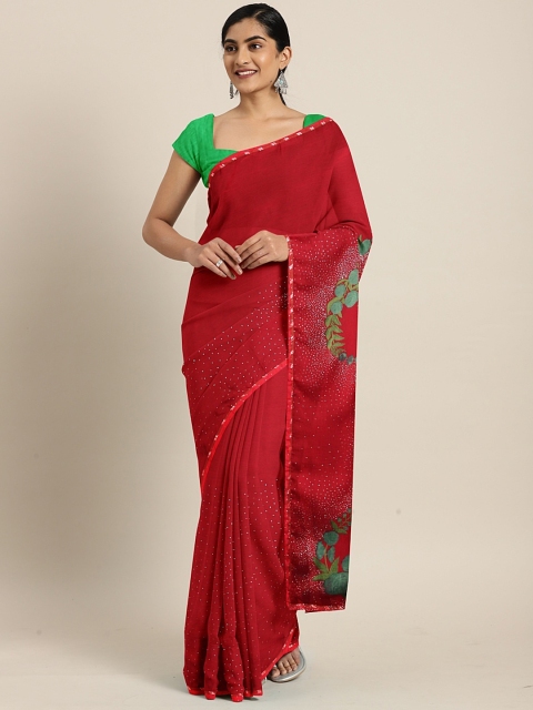 

Triveni Red & Green Poly Chiffon Solid Saree