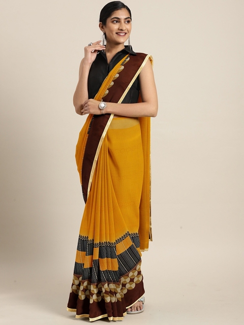 

Triveni Mustard Yellow & Brown Poly Georgette Printed Saree