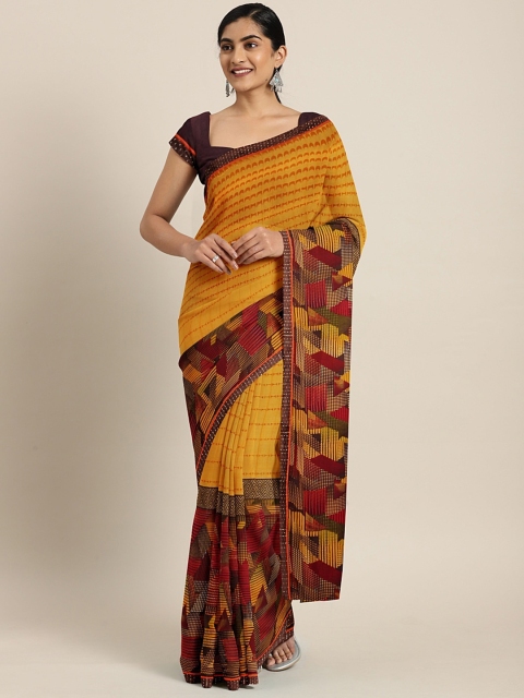 

Triveni Mustard Yellow & Orange Printed Poly Georgette Saree