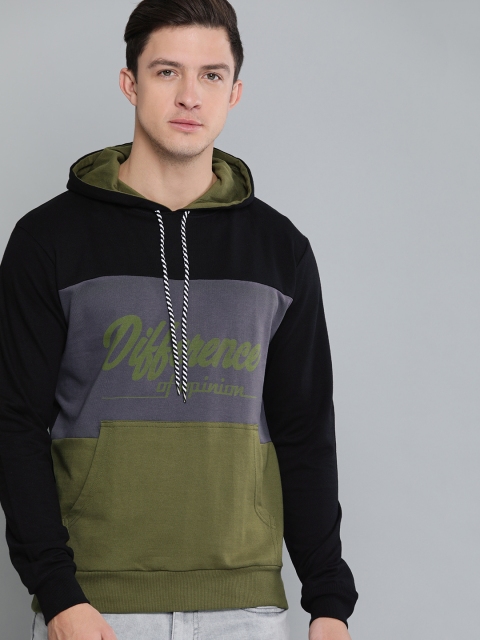 

Difference of Opinion Men Black & Olive Green Colourblocked Hooded Sweatshirt