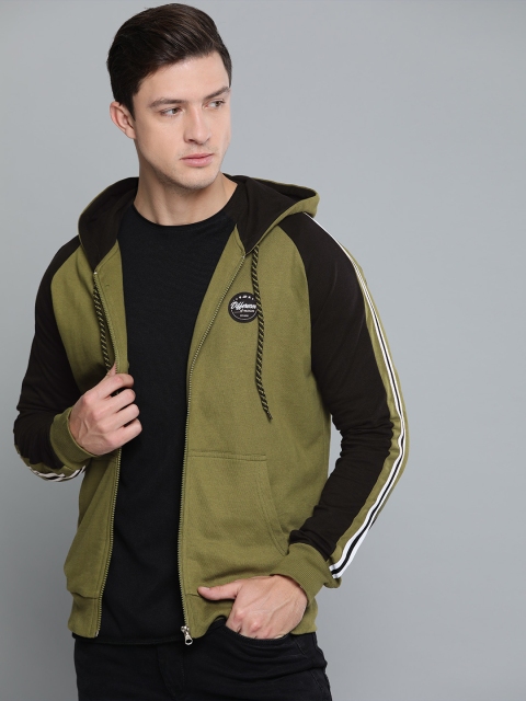 

Difference of Opinion Men Olive Green & Black Solid Hooded Sweatshirt