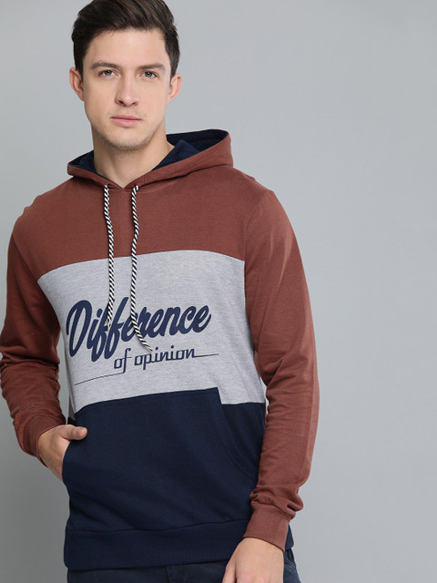 

Difference of Opinion Men Brown & Grey Colourblocked Hooded Sweatshirt