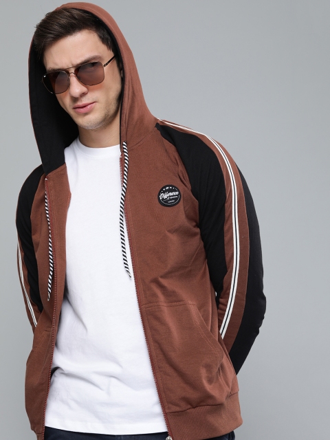 

Difference of Opinion Men Brown & Black Solid Hooded Sweatshirt