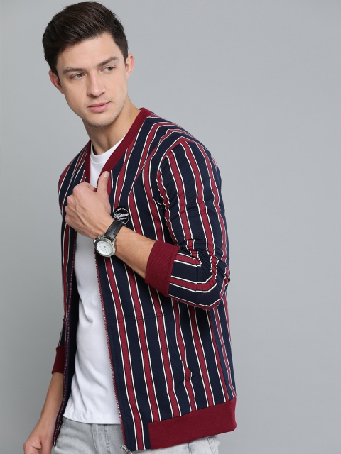

Difference of Opinion Men Navy Blue & Maroon Striped Sweatshirt