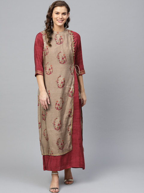 

Shree Women Taupe & Maroon Printed Layered Maxi Dress