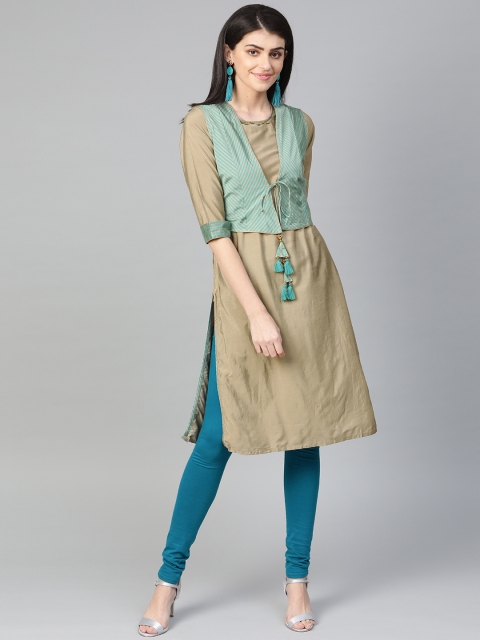 

Shree Women Beige Solid Straight Kurta with Ethnic Jacket