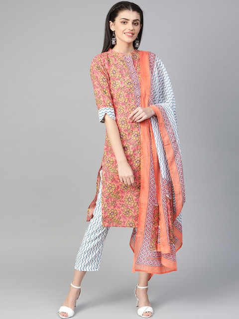 

Shree Women Orange & White Printed Kurta with Trousers & Dupatta