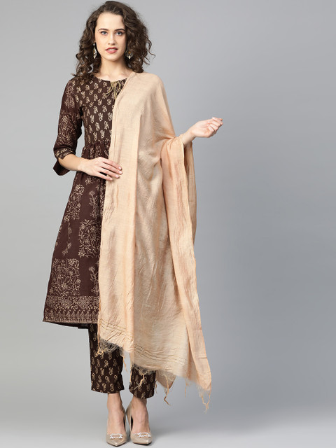 

Shree Women Brown & Golden Printed Kurta with Trousers & Dupatta