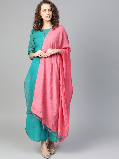 

Shree Women Teal & Golden Printed Kurta with Palazzos & Dupatta