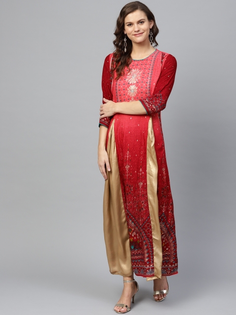 

Shree Women Red & Golden Printed Panelled Maxi Dress