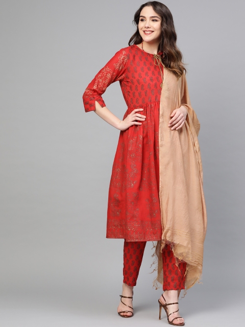 

Shree Women Red & Golden Printed Kurta with Trousers & Dupatta