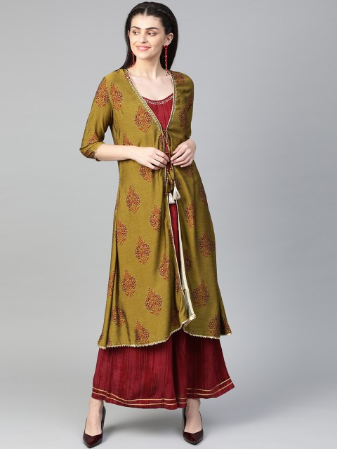 

Shree Women Olive Green & Maroon Printed Layered Kurta with Palazzos