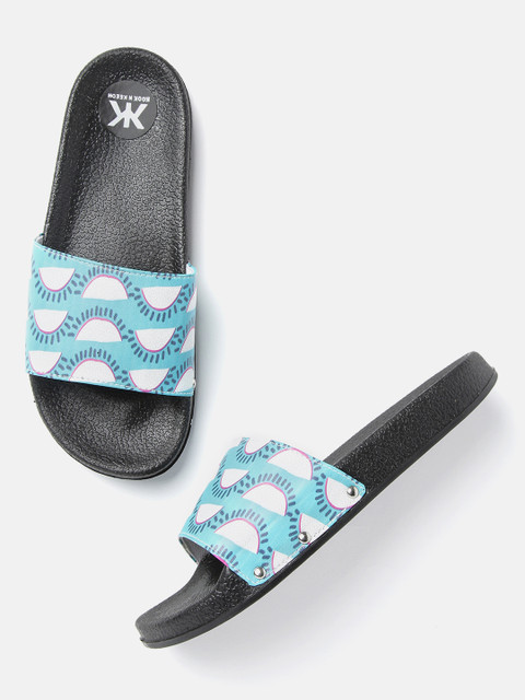 

Kook N Keech Women Turquoise Blue & White Printed Sliders