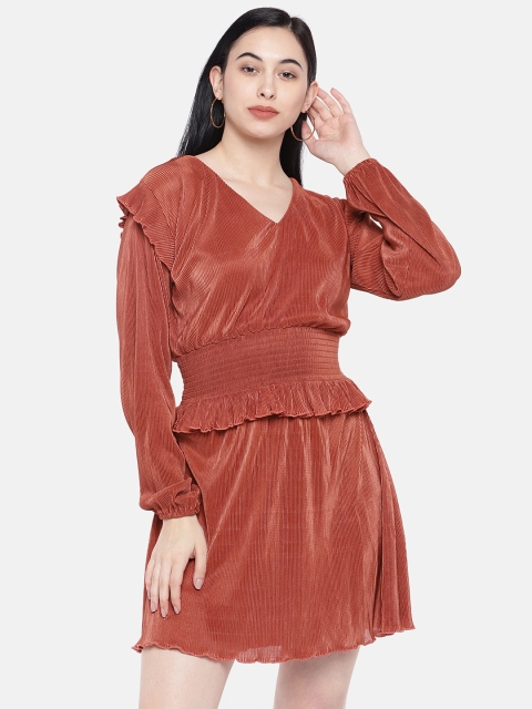 

The Label Life Women Rust Brown Self Design A-Line Dress