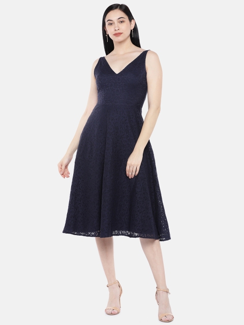 

The Label Life Women Navy Blue Floral Self Design A-Line Dress