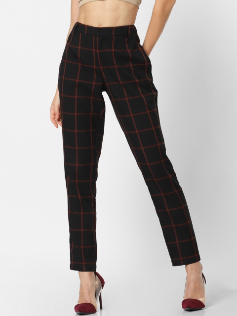 

ONLY Women Black & Rust Brown Regular Fit Checked Trousers