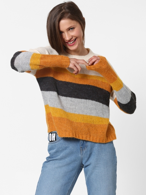 

ONLY Women Mustard Yellow & Grey Striped Sweater