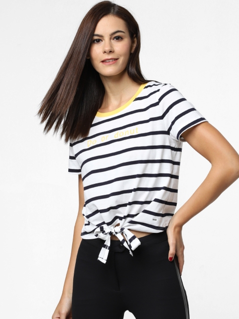 

ONLY Women White & Navy Blue Striped Round Neck T-shirt