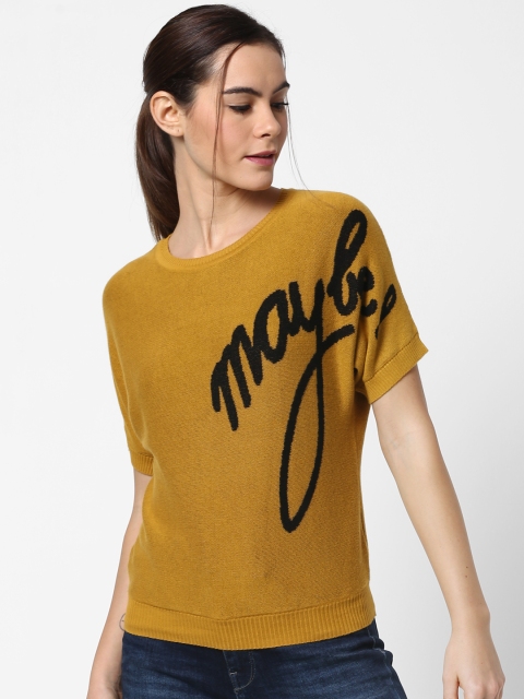 

ONLY Women Mustard Yellow & Black Self Design Pullover Sweater