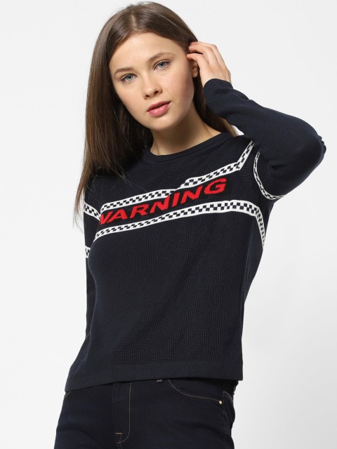

ONLY Women Navy Blue Self Design Pullover Sweater