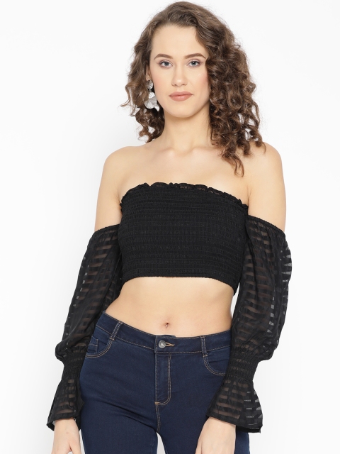 

ONLY Women Black Smocked Crop Bardot Top