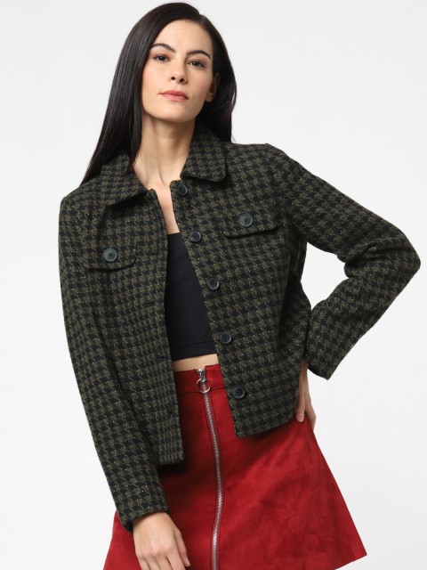 

ONLY Women Olive Green & Black Checked Peacoat