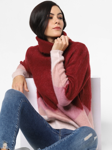 

ONLY Women Maroon & Pink Colourblocked Sweater