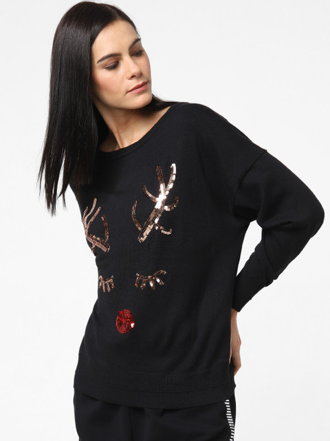 

ONLY Women Black Embellished Pullover Sweater