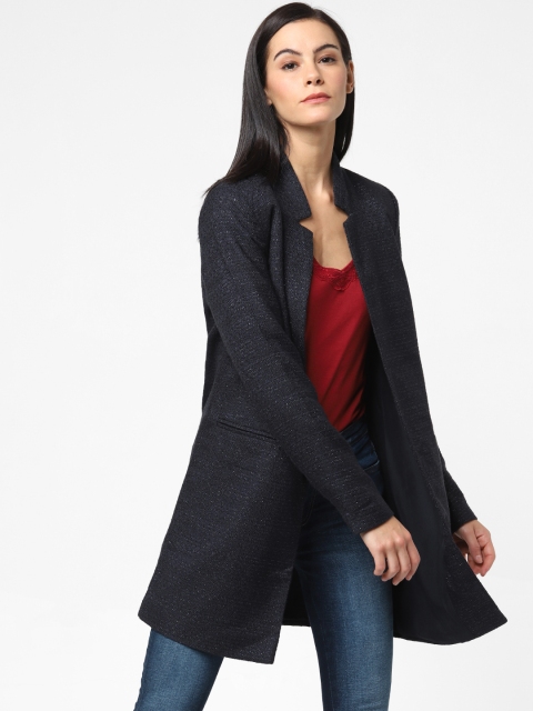 

ONLY Women Navy Blue Self-Design Open Front Trench Coat