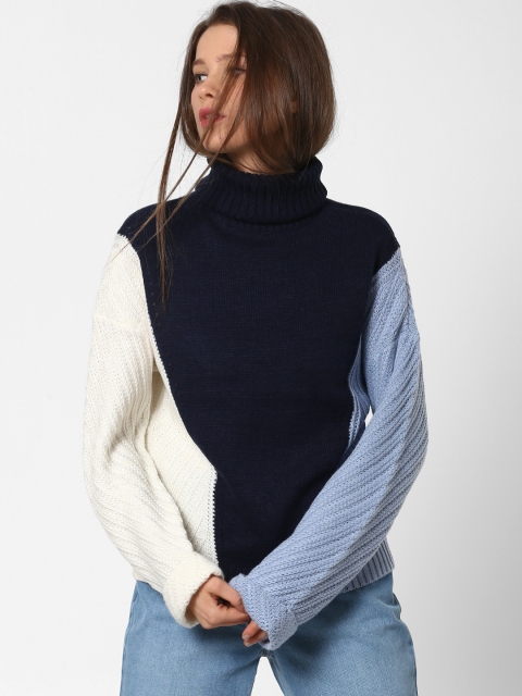 

ONLY Women Blue & Cream-Coloured Colourblocked Sweater