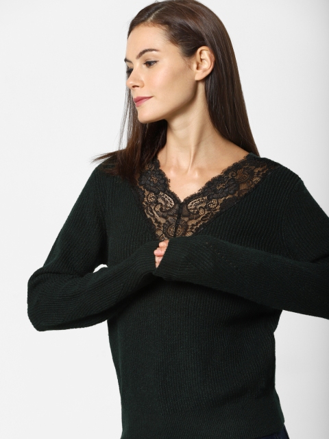 

ONLY Women Green Ribbed Pullover Sweater