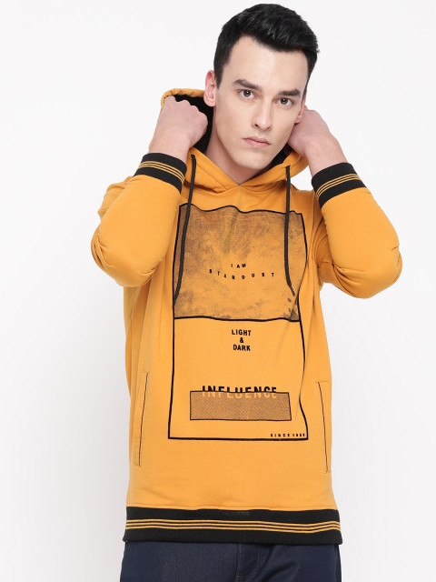 

Duke Men Mustard Yellow & Black Printed Hooded Sweatshirt