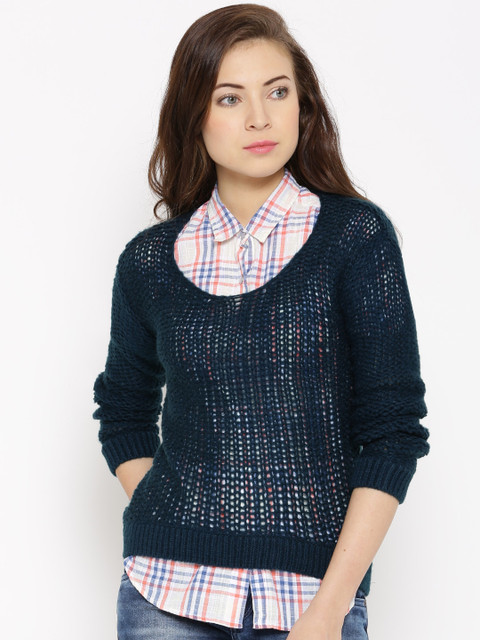 

People Teal Blue Open-Knit Sweater
