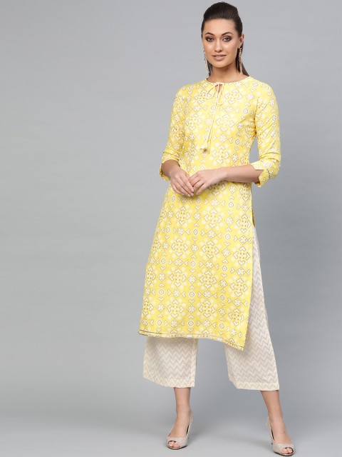 

Indo Era Women Yellow & Off-White Printed Kurta with Palazzos