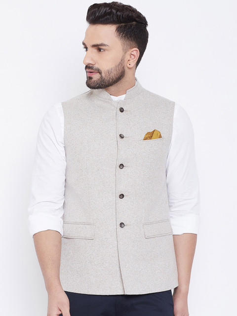 

Spirit Men Off-White Solid Pure Wool Nehru Jacket