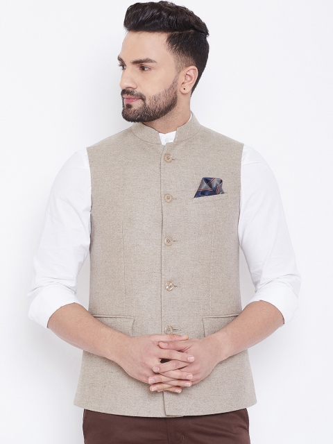 

Spirit Men Beige Solid Pure Wool Nehru Jacket