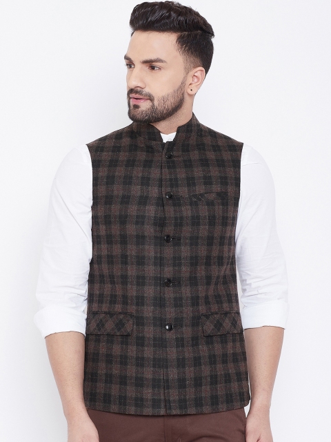 

Spirit Men Coffee Brown Checked Pure Wool Nehru Jacket