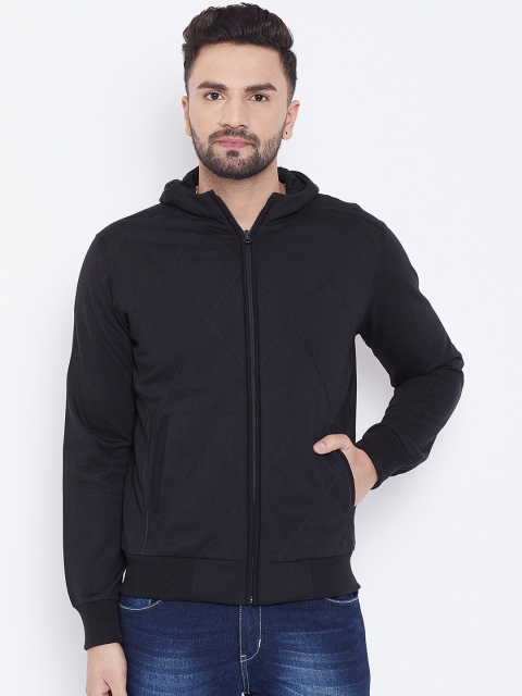 

Spirit Men Black Self Design Hooded Front-Open Sweatshirt