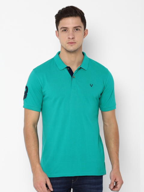 Men Sea Green Solid Polo Collar Slim Fit T-shirt