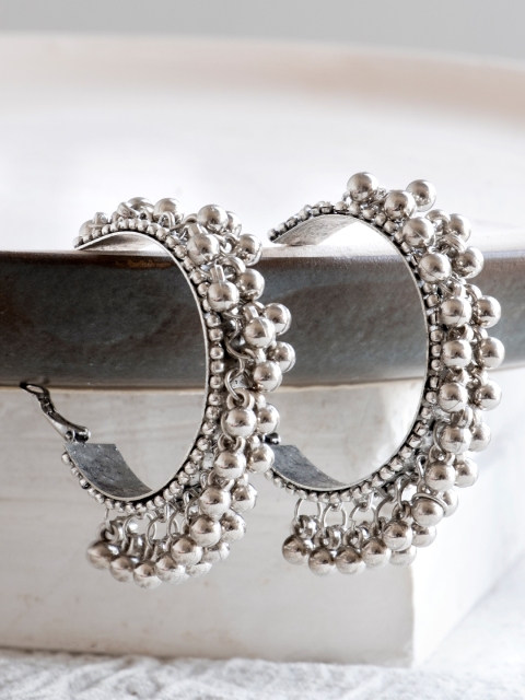 

Infuzze Oxidised Silver-Toned Beaded Circular Hoop Earrings