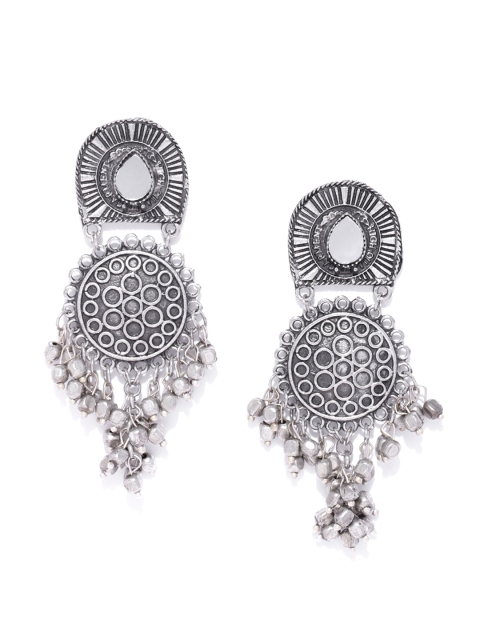 

Infuzze Oxidised Silver-Toned Beaded Mirror Geometric Drop Earrings