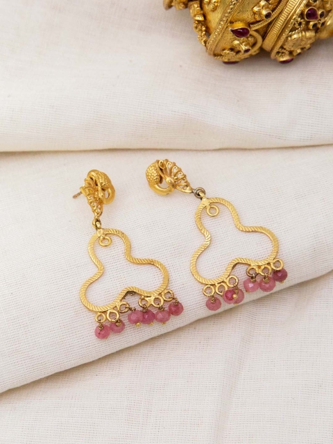 

Unniyarcha Jewellery Gold-Toned & Pink Contemporary Drop Earrings