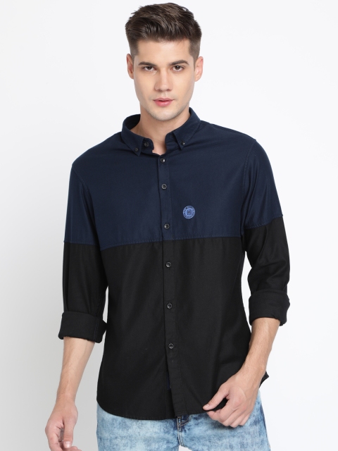 

TED HARBOR Men Black & Navy Blue Slim Fit Colourblocked Casual Shirt