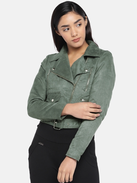 

MERLOT Women Green Solid Water Resistant Crop Biker Jacket