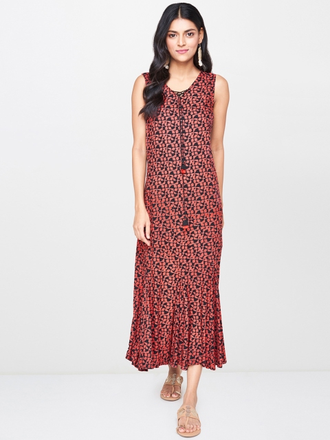 

Global Desi Women Red & Black Printed Drop-Waist Dress