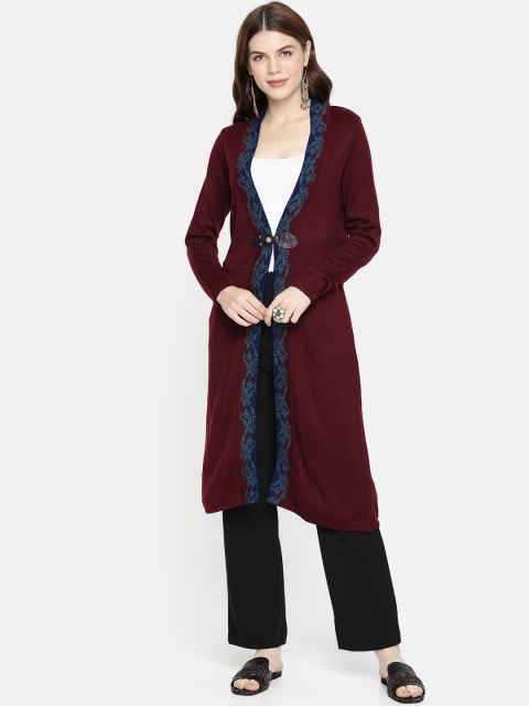 

Global Desi Women Maroon Self Design Longline Button Shrug